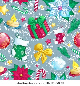 Vector seamless pattern with Christmas decorations. Colorful gifts, Christmas balls, Christmas socks, tree branches, striped candies, candles and gold stars. New Year winter background.