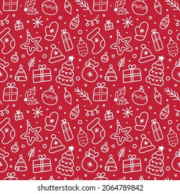 Vector seamless pattern with Christmas decorations, mittens, socks, Christmas tree decorations and toys, gift boxes on a red background. Doodle style illustration. 