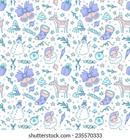 Vector seamless pattern with Christmas decorations, a deer, a sock, Santa Claus and Snowman.