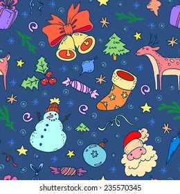 Vector seamless pattern with Christmas decorations, a deer, a sock, Santa Claus and Snowman.