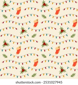 Vector seamless pattern with Christmas decorations. Winter holiday wallpaper with garland and holly branches. Texture with decorated stockings for textile or wrapping paper.