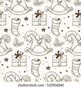 Vector Seamless Pattern With Christmas Decorations. Hand Drawing Wood Horse,present Boxes And Christmas Socks In Vintage Style.