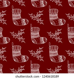 Vector seamless pattern of Christmas decorative symbol - sock and holly. Christmas decorative texture of white stocking and holly on red background