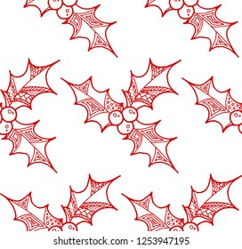 Vector seamless pattern of Christmas decorative symbol -  holly. Christmas hand drawn texture of red holly on white background