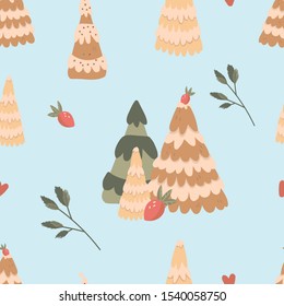Vector Seamless pattern with Christmas desert trees and fir branches. Blue background for wrapping paper and textile.