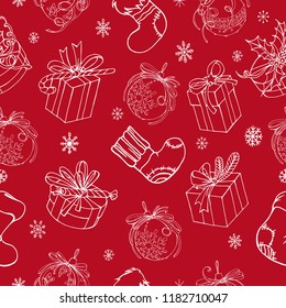 Vector seamless pattern in christmas design. Line art. white gift boxes, balls for christmas tree, socks and snowflakes on red background.
