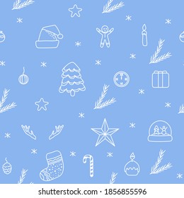 Vector seamless pattern with christmas doodle elements on blue background