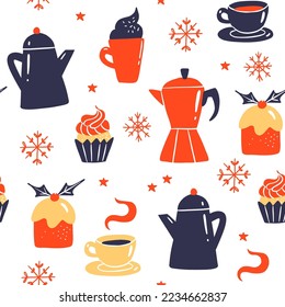Vector seamless pattern with Christmas drinks. Cups with coffee, tea, hot chocolate with whipped cream and gingerbreads. Mugs for Xmas, New year or winter holidays on white background