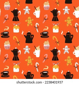 Vector seamless pattern with Christmas drinks and food. Cups with coffee, tea, hot chocolate with whipped cream and gingerbreads, cake, lollipops.