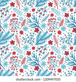 Vector seamless pattern with Christmas elements and plants in doodle style. Christmas background.