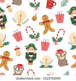 Vector seamless pattern of Christmas elements with Nutcracker, Gingerbread man, funny bear in red hat. Cute funny repeat background of new year symbols. Christmas flat style picture for decorations