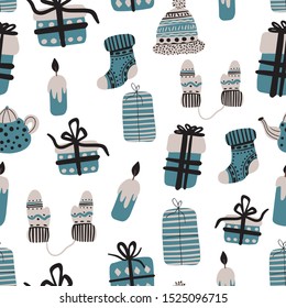 Vector seamless pattern with christmas elements. Gifts, candles, dishes, clothes for your design. Illustration flat style for greeting cards, packaging, postcard, banners.Happy winter vacation.