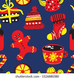 Vector seamless pattern with christmas elements. Gifts, candles, dishes, clothes for your design. Illustration flat style for greeting cards, packaging, postcard, banners.Happy winter vacation.