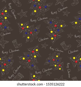 Vector seamless pattern of christmas elements.
Christmas tree, socks,lights,toys,star and Merry Christmas text on grey background.
Cute winter hand drawn composition.