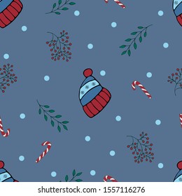 Vector seamless pattern with christmas elements, hats, canes, winter plants and snowflakes