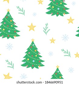 Vector seamless pattern with Christmas elements. Cute simple funny flat style New Year repeating background with fir tree, star, snowflake.
