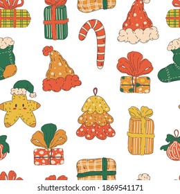 Vector seamless pattern with christmas elements. Illustration in  flat style for greeting cards, packaging, postcard, banners.Happy winter vacation.