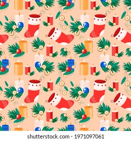 Vector seamless pattern with Christmas elements. Endless print with socks, candles, spruce wreaths with lemon, balls. Texture with repeating holiday decorations. Happy New Year background design