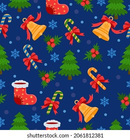 Vector seamless pattern with Christmas elements. Festive background with candy, Christmas tree, gift, snowflake and star. New Year's template for design.