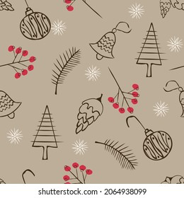 Vector seamless pattern with Christmas elements. Winter beige background with ball, bell, berry, tree and pine cone. Vintage layout for fabric, textile, banner, wrapping paper and other decorations