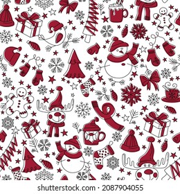 Vector seamless pattern with christmas elements. Winter holiday decorations illustration with snowflakes, candies, deers and berries