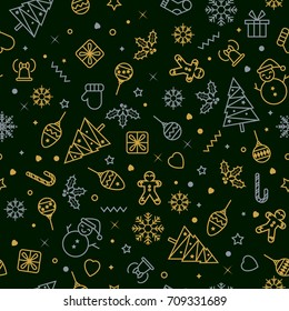Vector seamless pattern with Christmas elements. Christmas and New year decoration. Winter background. Pattern for fabric, textile, wrapping paper and other decoration. Vector illustration.