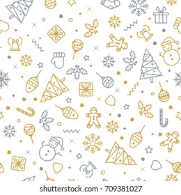 Vector seamless pattern with Christmas elements. Christmas and New year decoration. Winter background. Pattern for fabric, textile, wrapping paper and other decoration. Vector illustration.