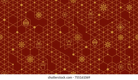 Vector seamless pattern with Christmas elements in hexagons background. Christmas and New year winter background.Greeting cards New Year in Modern stylish. Vector illustration