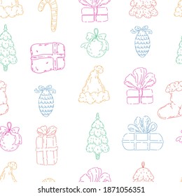 Vector seamless pattern with christmas elements.Line illustration in doodle style for greeting cards, packaging, postcard, banners.Happy winter vacation.