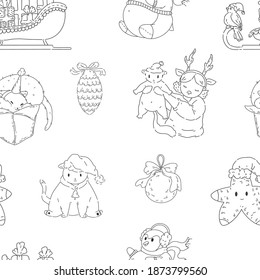 Vector seamless pattern with christmas elements.Line illustration in doodle style for greeting cards, packaging, postcard, banners.Happy winter vacation.