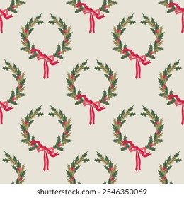 Vector seamless pattern with Christmas festive wreath. Flat illlustration in Vintage style perfect for textile design, wrapping, wallpaper. Fabric design for New Year graphics