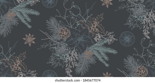 Vector seamless pattern with Christmas floral elements, plants, branches, pine cones, poinsettia. Hand drawn sketch black and white monochrome endless background.