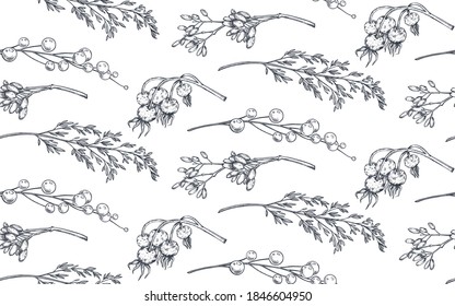 Patrón vectorial sin fisuras con elementos florales de Navidad, plantas, ramas. Esbozo dibujado a mano en blanco y negro monocromo fondo interminable.