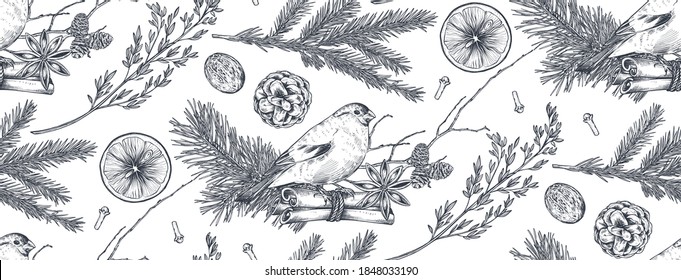 Vector seamless pattern with Christmas floral elements, plants, branches, pine cones, birds and spices. Hand drawn sketch black and white monochrome endless background.