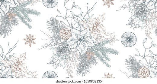 Vector seamless pattern with Christmas floral elements, plants, branches, pine cones, poinsettia. Hand drawn sketch monochrome endless background in pastel colors.