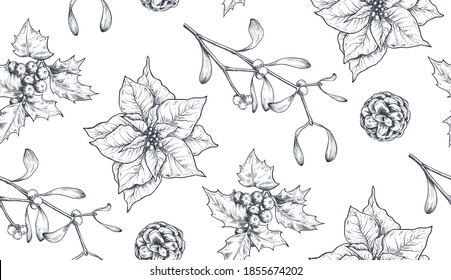 Patrón vectorial sin fisuras con elementos florales de Navidad, plantas, ramas, conos de pino, poinsettia. Esbozo dibujado a mano en blanco y negro monocromo fondo interminable.