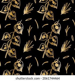 Vektor nahtloses Muster mit der handgezeichneten, goldenen Linie von Floral auf schwarzem Hintergrund.Blumen, die den Druck im Doodle-Stil wiederholen.Design für Textilien, Verpackungen, Packpapier, Scrapie-Papier. 