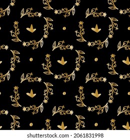 Vektor nahtloses Muster mit der handgezeichneten, goldenen Linie von Floral auf schwarzem Hintergrund.Blumen, die den Druck im Doodle-Stil wiederholen.Design für Textilien, Verpackungen, Packpapier, Scrapie-Papier. 