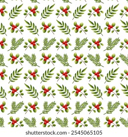 Vector seamless pattern of Christmas foliage, fir branches and red berries, lingonberries. Festive winter botanical print. Design for Christmas textiles, banners, wrapping paper, wallpaper.