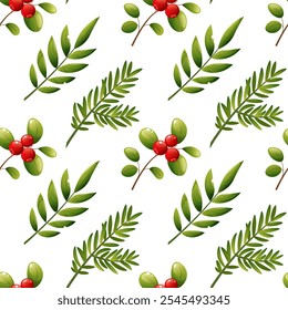 Vector seamless pattern of Christmas foliage, fir branches and red berries, lingonberries. Festive winter botanical print. Design for Christmas textiles, banners, wrapping paper, wallpaper.