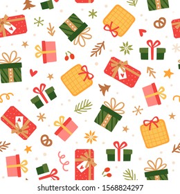 Vector seamless pattern with Christmas gift boxes, snowflakes and decorations. Holiday repeated texture with presents. Kids illustration. Wrapping paper design.