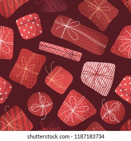 Vector seamless pattern of Christmas gifts. Various flat presents with grain texture on dark background. Hand-drawn boundless illustration.