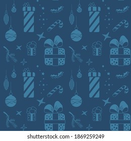 Patrón veloz. Regalos de Navidad, bolas, estrellas, ramas de un árbol de Navidad. Dibujo de línea con relleno parcial en un fondo azul.