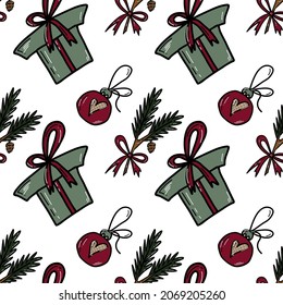 Vector seamless pattern with christmas gifts, ball and fir n  Scandinavian style for fabrics, paper, textile, gift wrap isolated on white background
