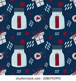 Vector seamless pattern with christmas gifts, ball and candle in  Scandinavian style for fabrics, paper, textile, gift wrap isolated on blue background