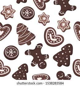 Vector seamless pattern with christmas gingerbread cookies on a white background. Vector illustration of gingerbread cookies of different shapes.