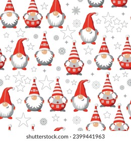 Vector seamless pattern christmas gnomes isolated on white. Cartoon characters. Xmas design for holidays decoration, greeting.