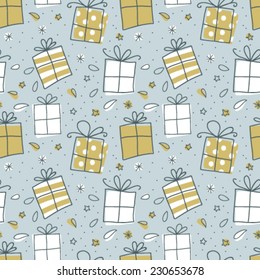 vector seamless pattern with christmas golden boxes and snowflakes 