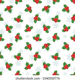 Vector seamless pattern with Christmas holly berries. Holiday design for greeting card, gift box, fabric, wallpaper, textile, package, web design.