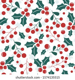 Vector seamless pattern with christmas holly berries; background with snowflakes; Christmas design for greeting card, gift box, wallpaper, wrapping paper, fabric, web design.